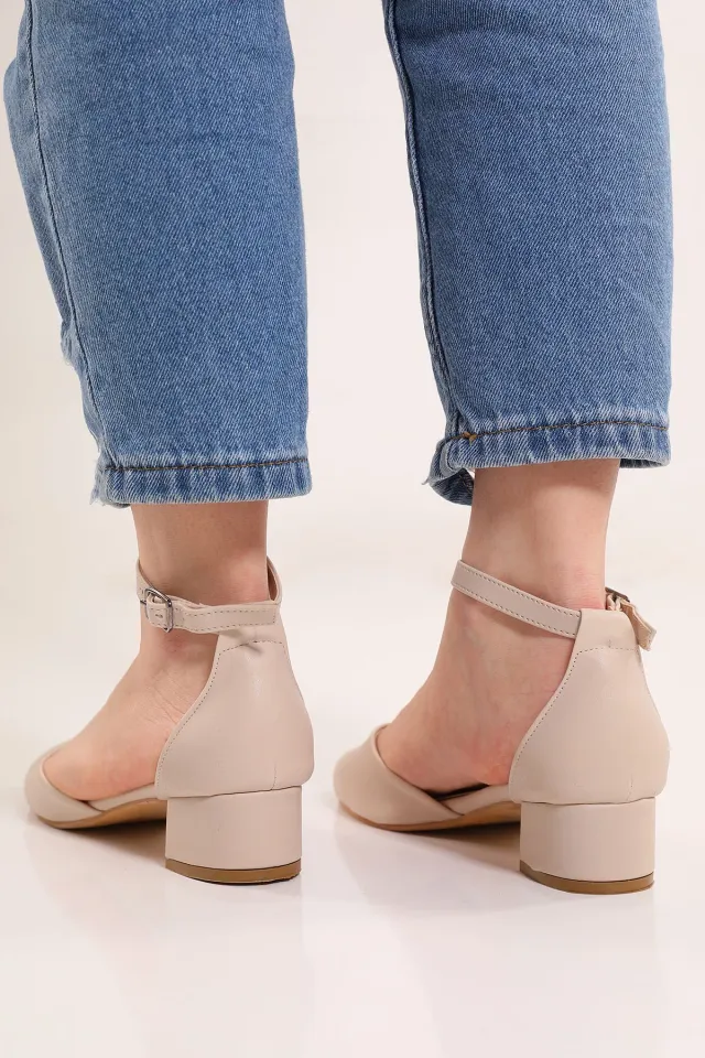 Kadın Yuvarlak Burun Topuklu Ayakkabı Kremderili