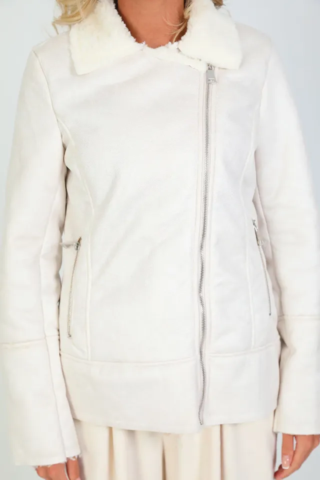 Kadın Zara Fermuar Detaylı İçi Peluşluşlu Ceket Krem