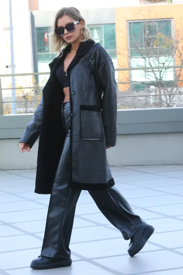 Kadın Zara Ön Cep Detaylı İçi Kürklü Uzun Kaban Siyah