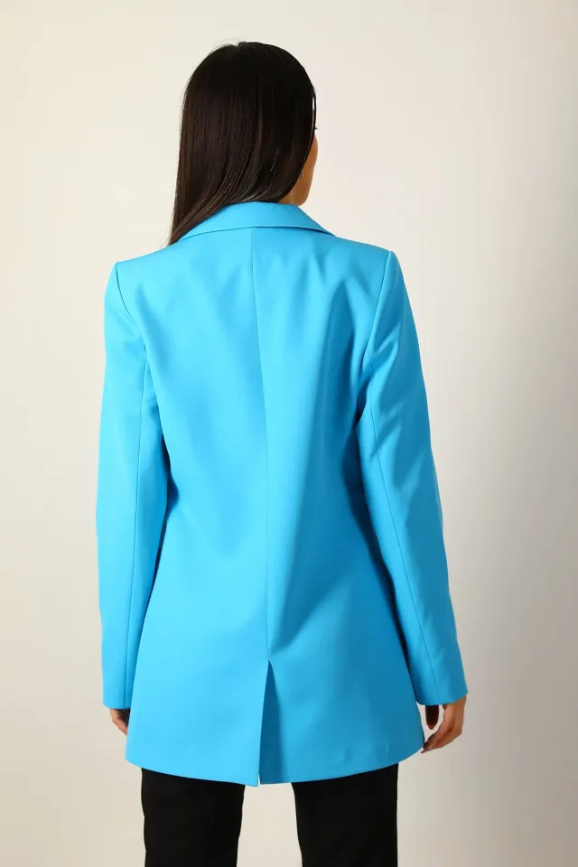Kadın Zincir Detaylı Astarlı Uzun Blazer Ceket Mavi