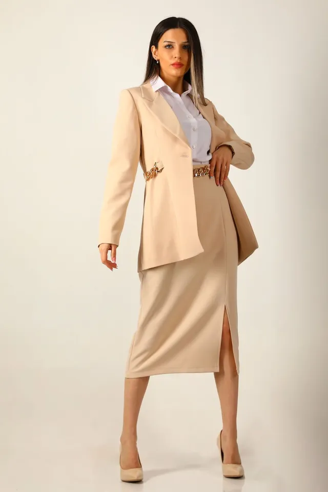 Kadın Zincir Detaylı Astarlı Uzun Blazer Ceket Bej
