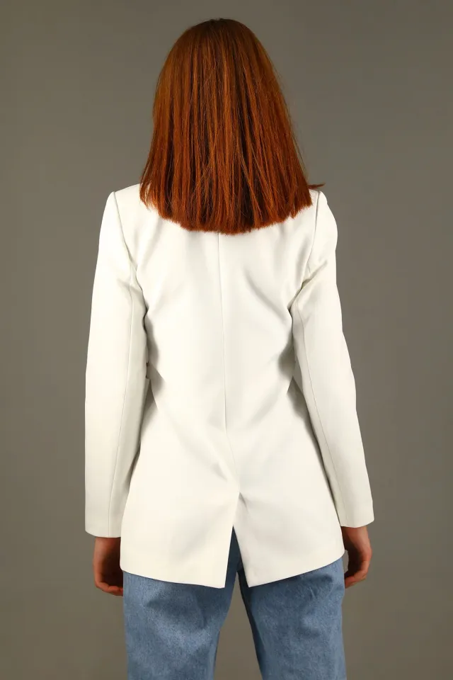 Kadın Zincir Detaylı Astarlı Uzun Blazer Ceket Krem