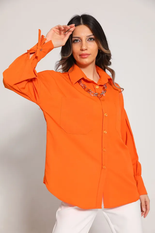 Kadın Zincir Detaylı Çift Cepli Salaş Gömlek Orange