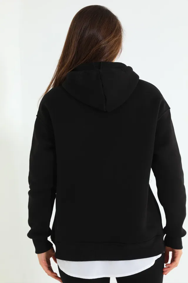 Kadın Baskılı Kapüşonlu Üç İplik Şardonlu Oversize Sweatshirt Siyah