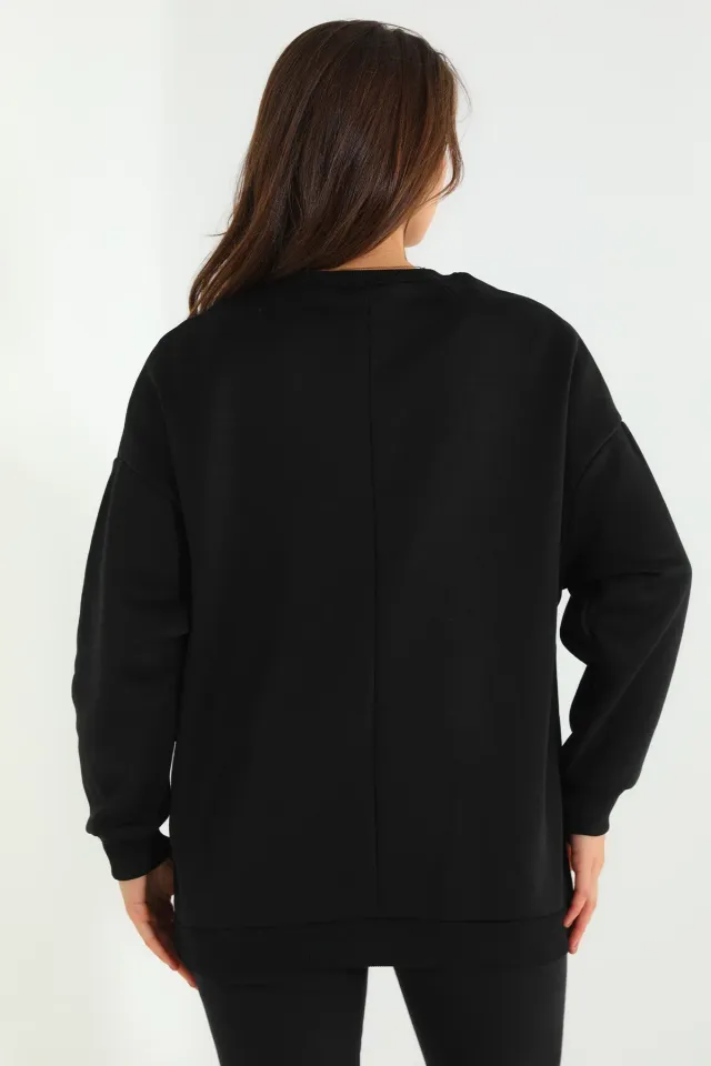 Kadın Baskılı Şardonlu Üç İplik Sweatshirt Siyah