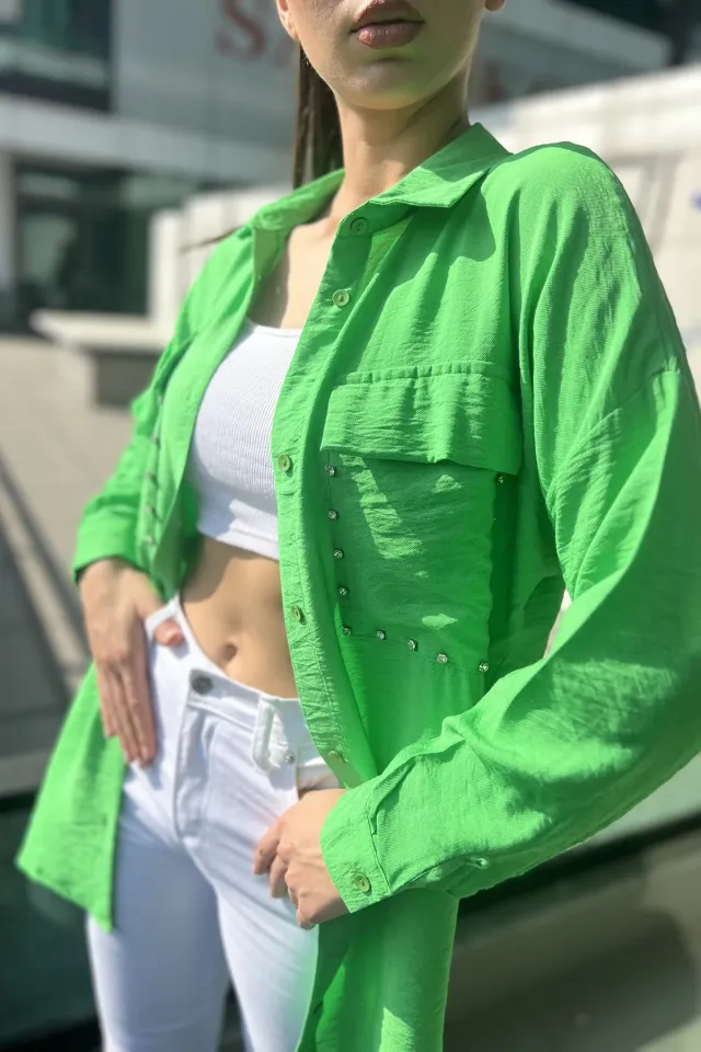Kadın Cepleri Taşlı Salaş Gömlek Yeşil