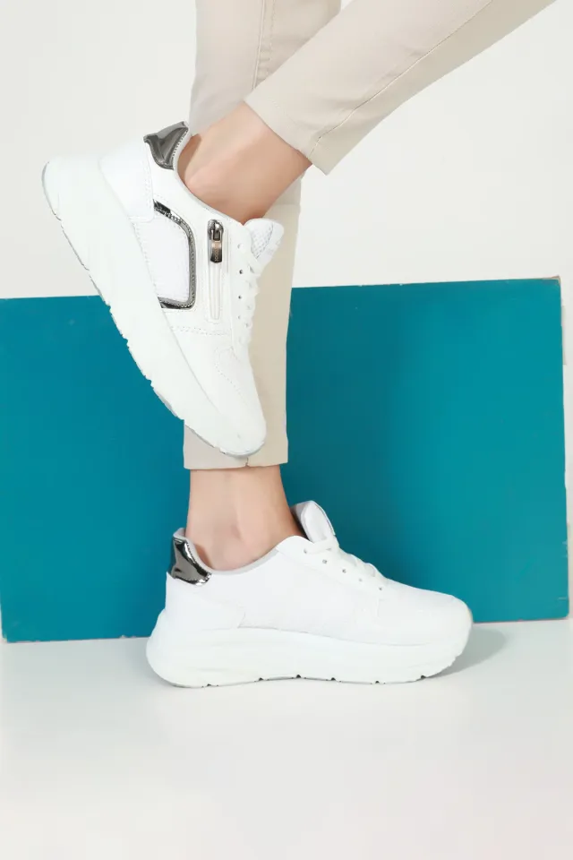 Kadın Fermuar Detaylı Günlük Spor Ayakkabı Beyaz