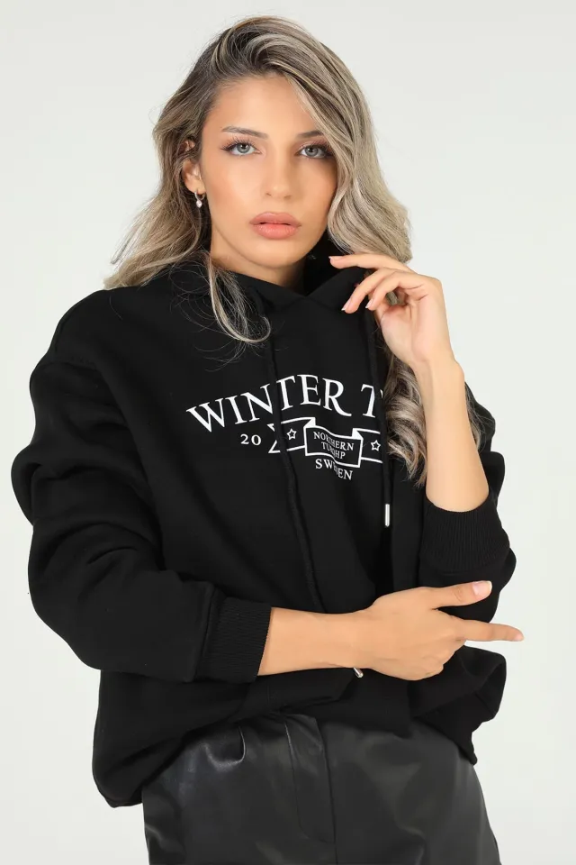 Kadın Kapüşonlu Baskılı Üç İplik Şardonlu Oversize Sweatshirt Siyah