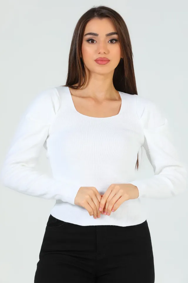 Kadın Kare Yaka Omuz Detaylı Triko Bluz Beyaz