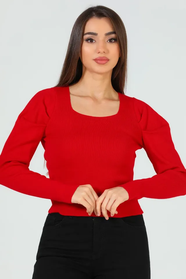 Kadın Kare Yaka Omuz Detaylı Triko Bluz Kırmızı