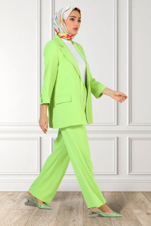 Kadın Palozzo Pantolonlu Astarlı Tesettür Blazer İkili Takım Fıstık Yeşili