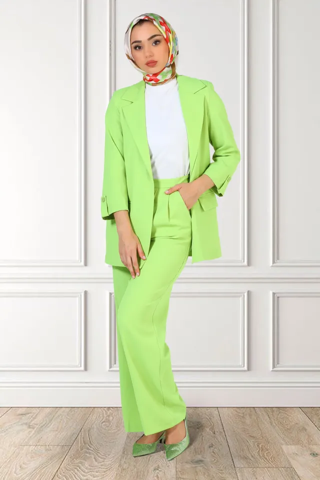 Kadın Palozzo Pantolonlu Astarlı Tesettür Blazer İkili Takım Fıstık Yeşili