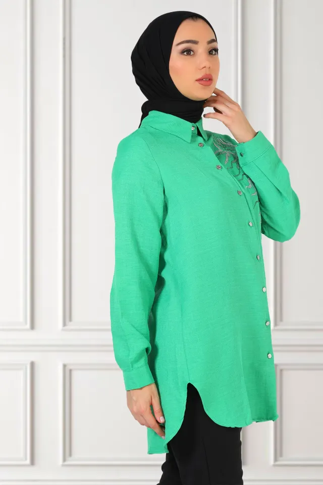 Kadın Pul Nakışlı Keten Tesettür Gömlek Tunik Yeşil