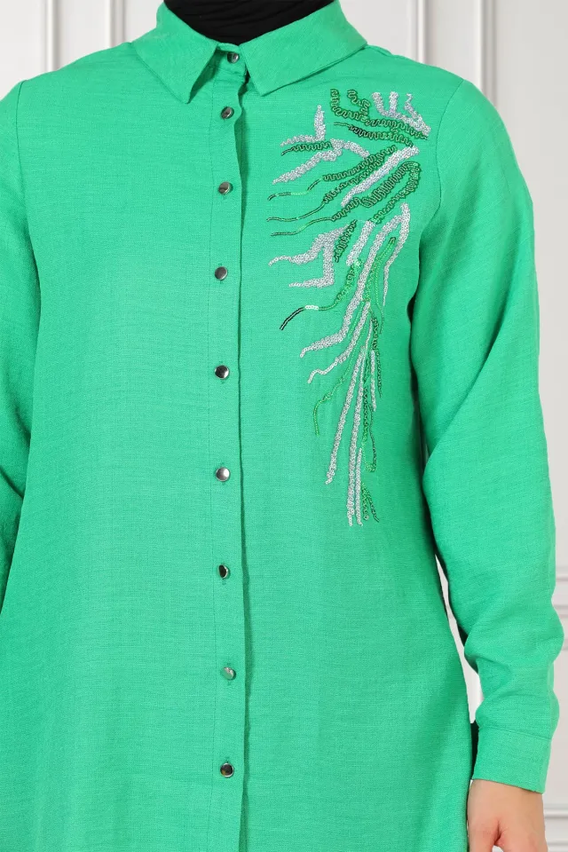 Kadın Pul Nakışlı Keten Tesettür Gömlek Tunik Yeşil