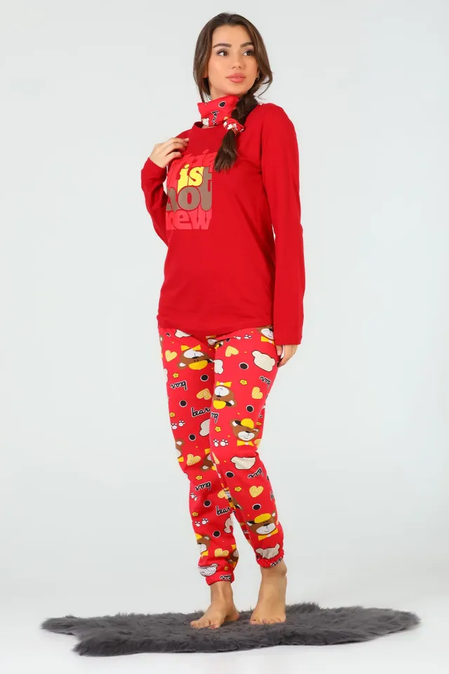 Kadın Tokalı Uyku Bantlı Desenli Pijama Takımı Kırmızı
