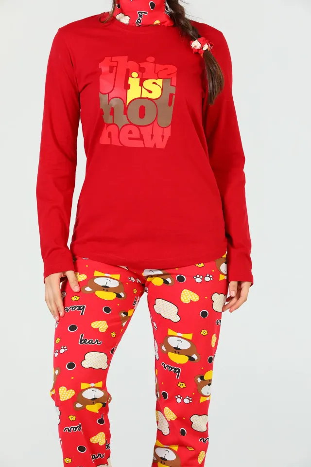 Kadın Tokalı Uyku Bantlı Desenli Pijama Takımı Kırmızı