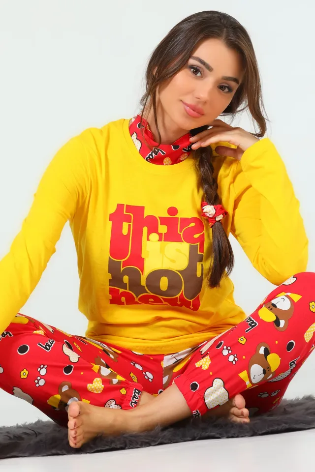 Kadın Tokalı Uyku Bantlı Desenli Pijama Takımı Sarı