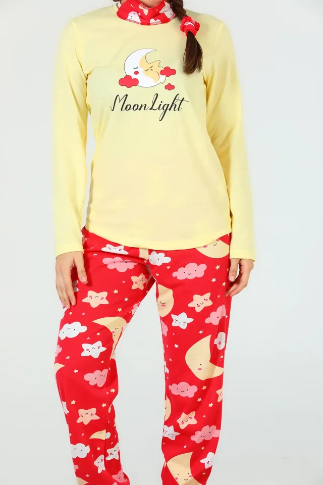 Kadın Tokalı Uyku Bantlı Desenli Pijama Takımı Sarı