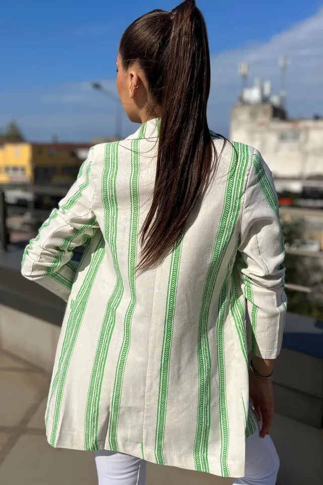 Kadın Çizgi Desenli Sahte Cep Detaylı Blazer Ceket Kremyeşil