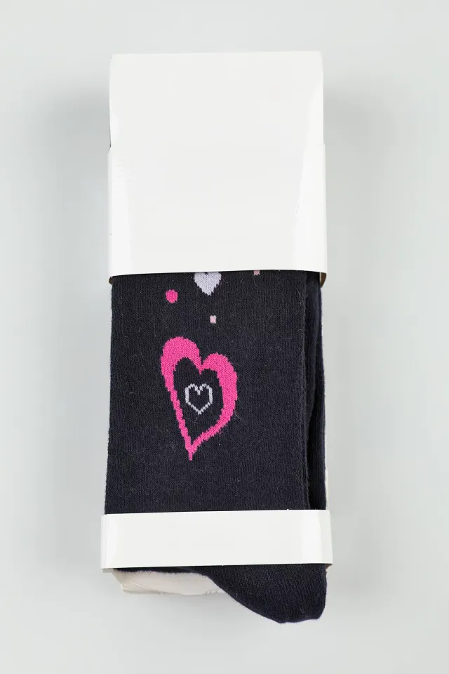 Kalp Desenli Likralı Kız Çocuk Külotlu Çorap Lacivert