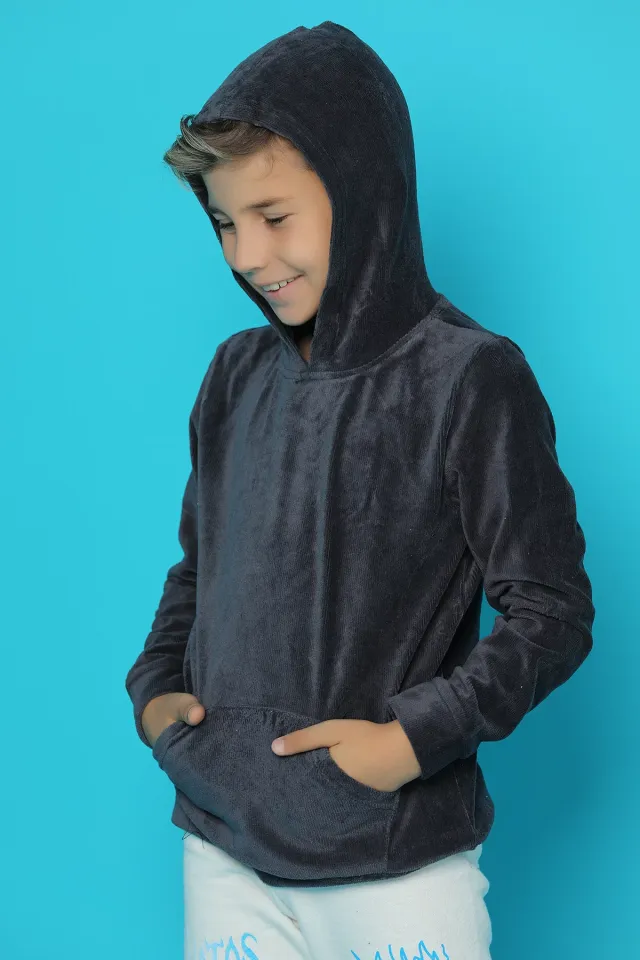 Kapüşonlu Erkek Çocuk Sweatshirt Füme