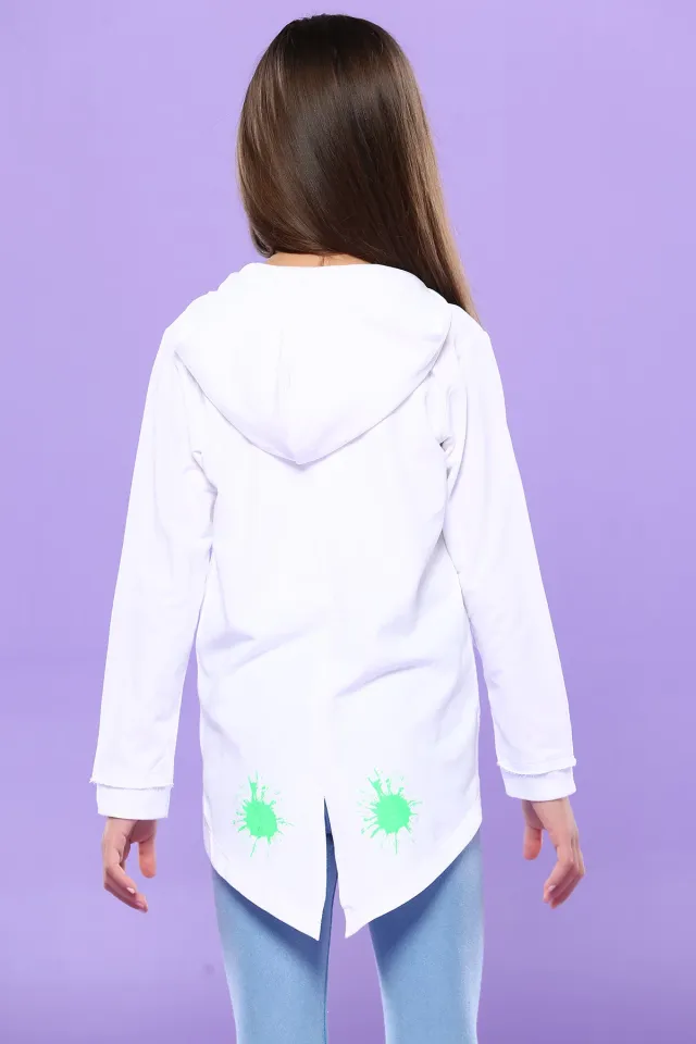 Kapüşonlu Ön Baskılı Kız Çocuk Sweatshirt Beyazyeşil