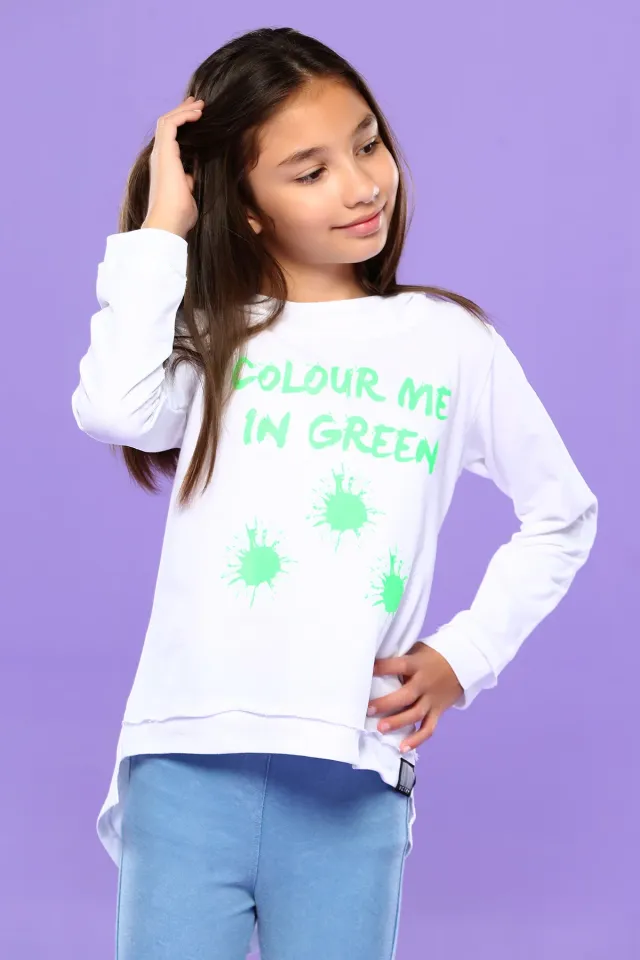 Kapüşonlu Ön Baskılı Kız Çocuk Sweatshirt Beyazyeşil