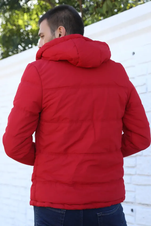 Kapüşonlu Önü Cepli Kışlık Erkek Mont Kırmızı