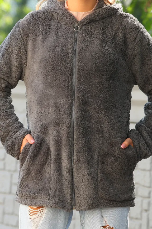 Kapüşonlu Peluş Kadın Sweatshirt Füme