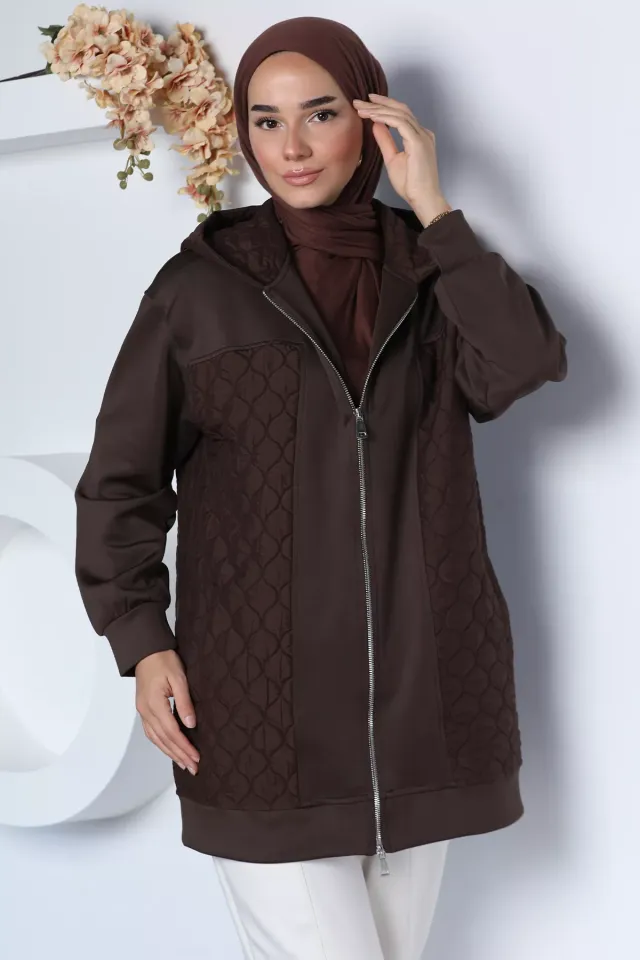 Kapüşonlu Şık Desenli Tesettür Sweat Ceket Kahve
