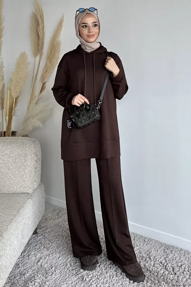 Kapüşonlu Tunik Pantolon Tesettür İkili Takım Kahve