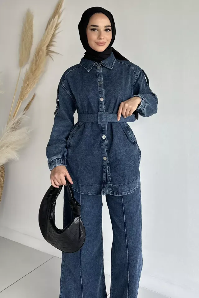 Kemerli Jean Kot Ceket Pantolon Tesettür İkili Takım Lacivert