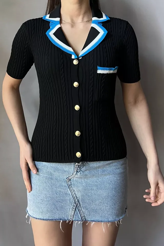 Kendinden Desenli Gold Düğme Detaylı Kadın Likralı Triko Bluz Siyah