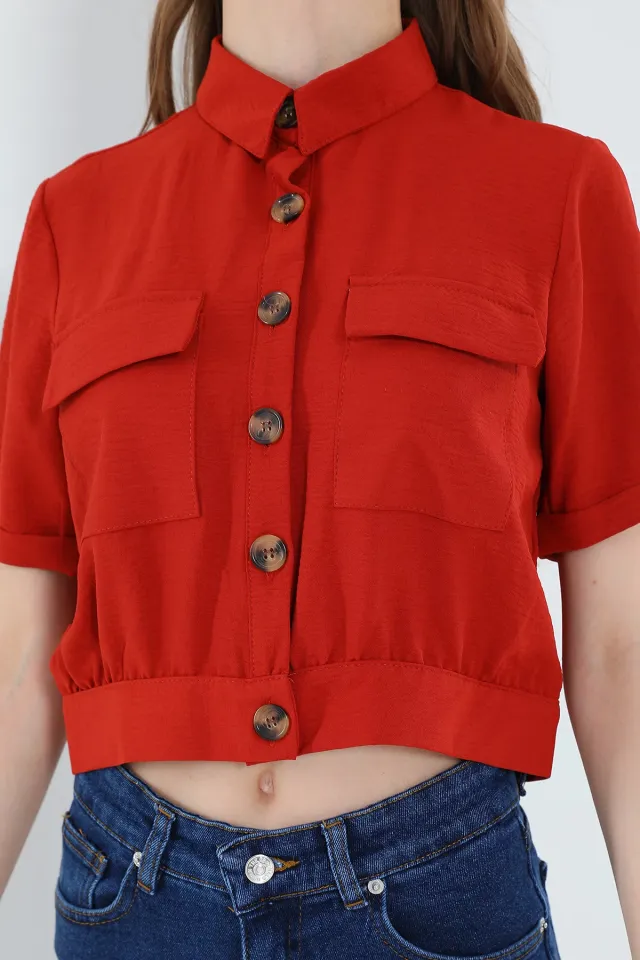 Kadın Kısa Kollu Yazlık Ayrobin Crop Gömlek Ceket Kiremit