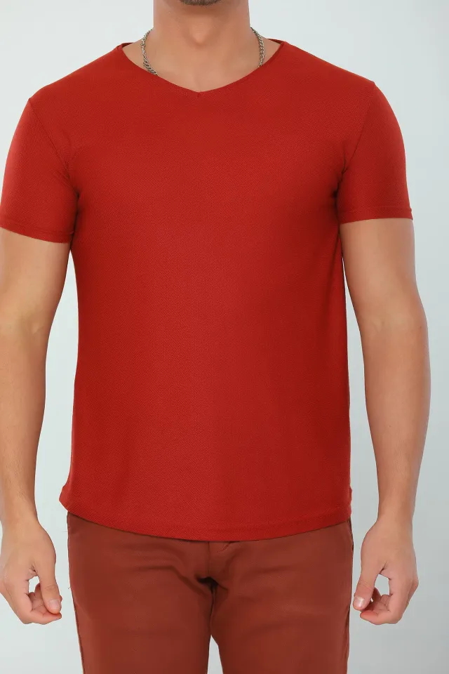 Erkek Likralı V Yaka Basic T-shirt Kiremit