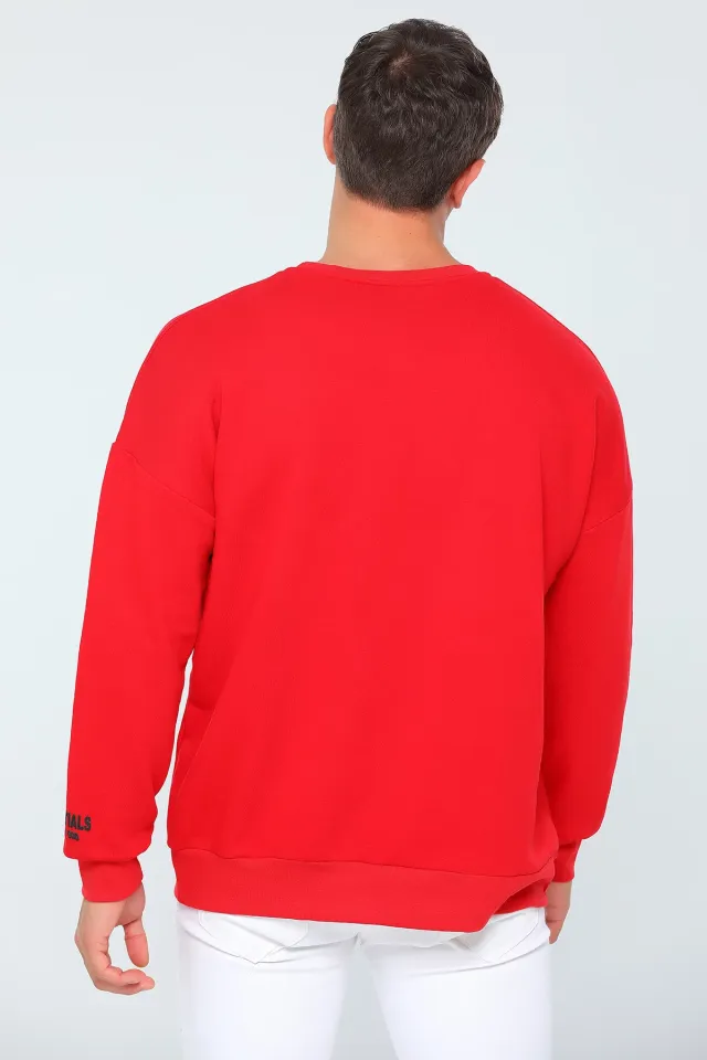 Erkek Oversize Bisiklet Yaka Yazı Baskılı Sweatshirt Kırmızı