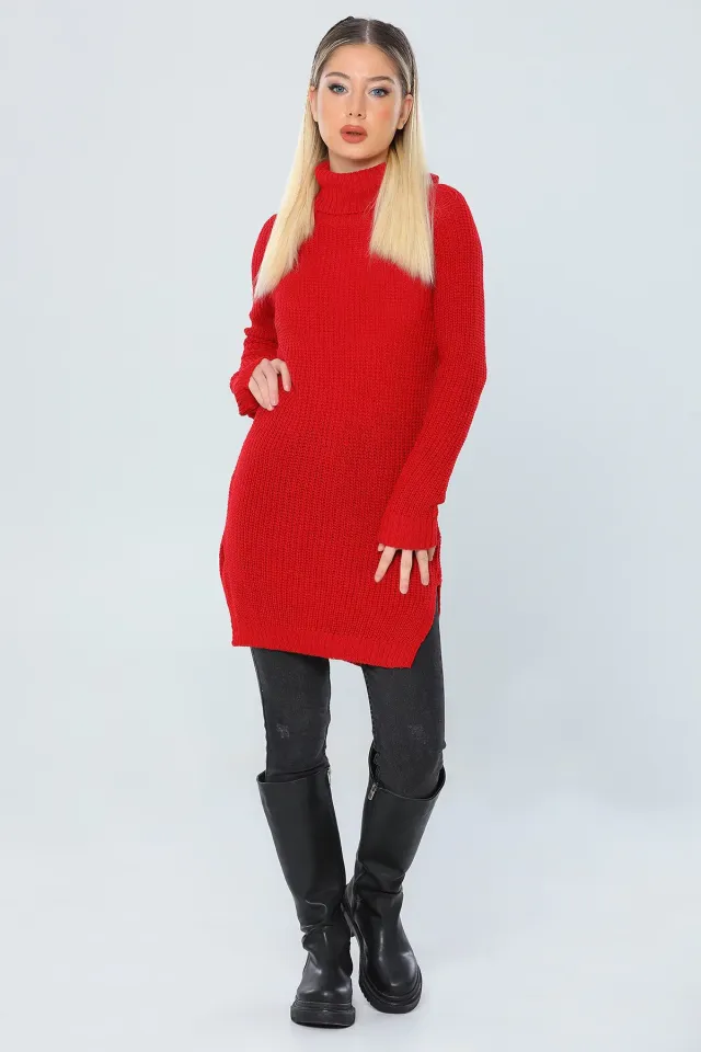 Kadın Modest Boğazlı Örme Triko Tunik Kırmızı