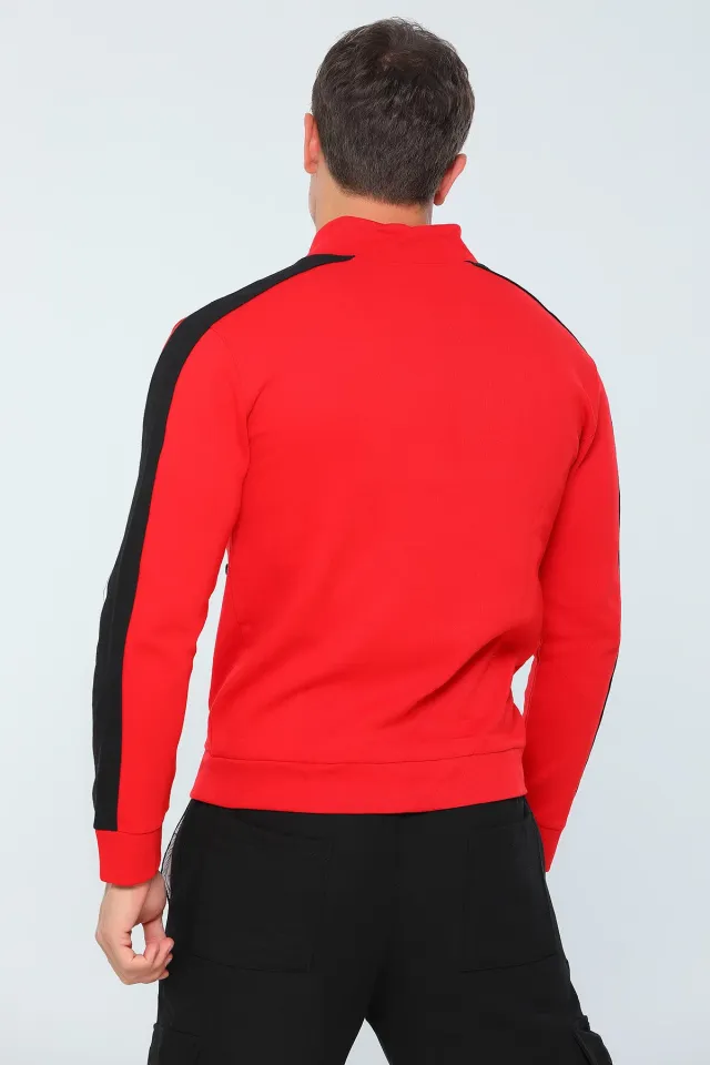 Dik Yaka Fermuarlı Cepli Erkek Sweatshirt Kırmızı