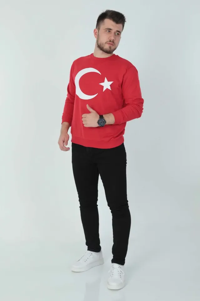 Erkek Bisiklet Yaka Türk Bayrağı Baskılı 2 İp Sweatshirt Kırmızı
