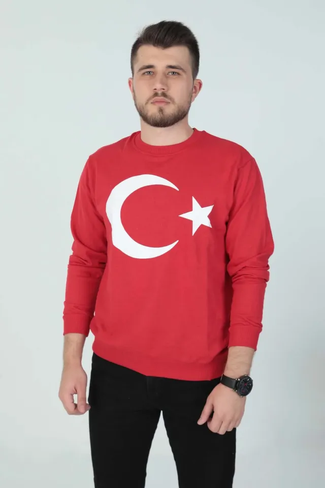Erkek Bisiklet Yaka Türk Bayrağı Baskılı 2 İp Sweatshirt Kırmızı