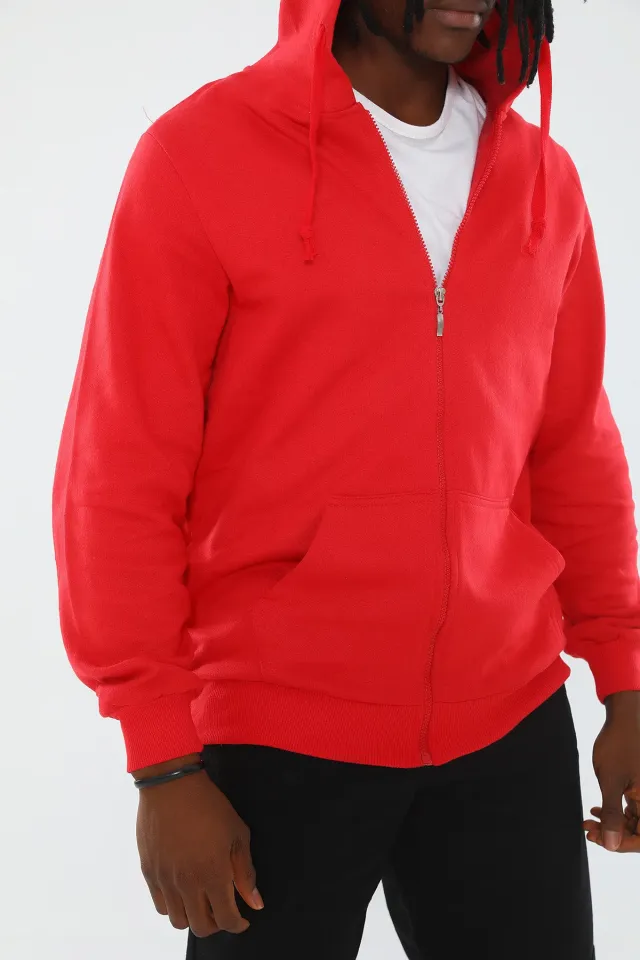 Erkek Kapüşonlu Fermuarlı Basic Sweatshirt Kırmızı