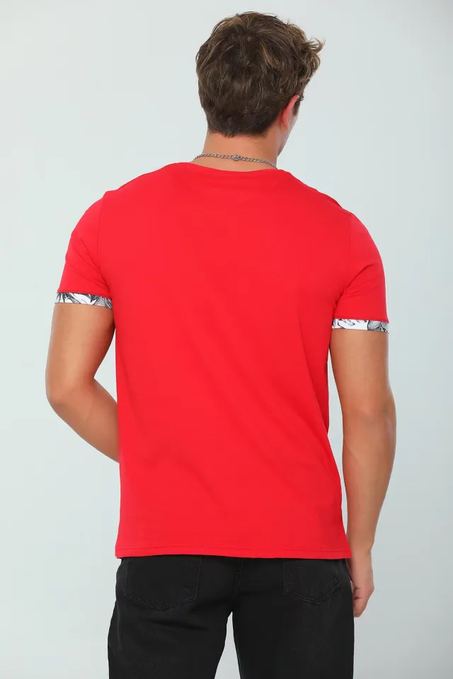 Erkek Likralı Bisiklet Yaka Cep Detaylı T-shirt Kırmızı
