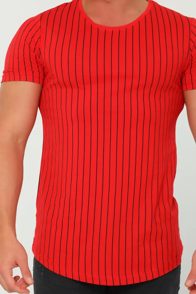 Erkek Likralı Bisiklet Yaka Dik Çizgili T-shirt Kırmızı
