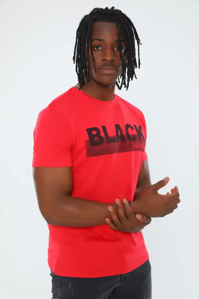 Erkek Likralı Black Baskılı T-shirt Kırmızı