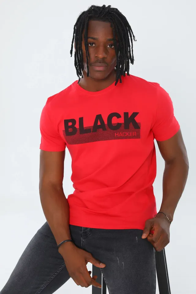 Erkek Likralı Black Baskılı T-shirt Kırmızı