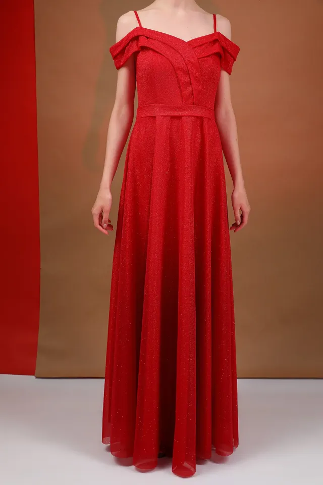 Kadın Askılı Düşük Omuz Detaylı Işıltılı Uzun Tül Abiye Elbise Kırmızı