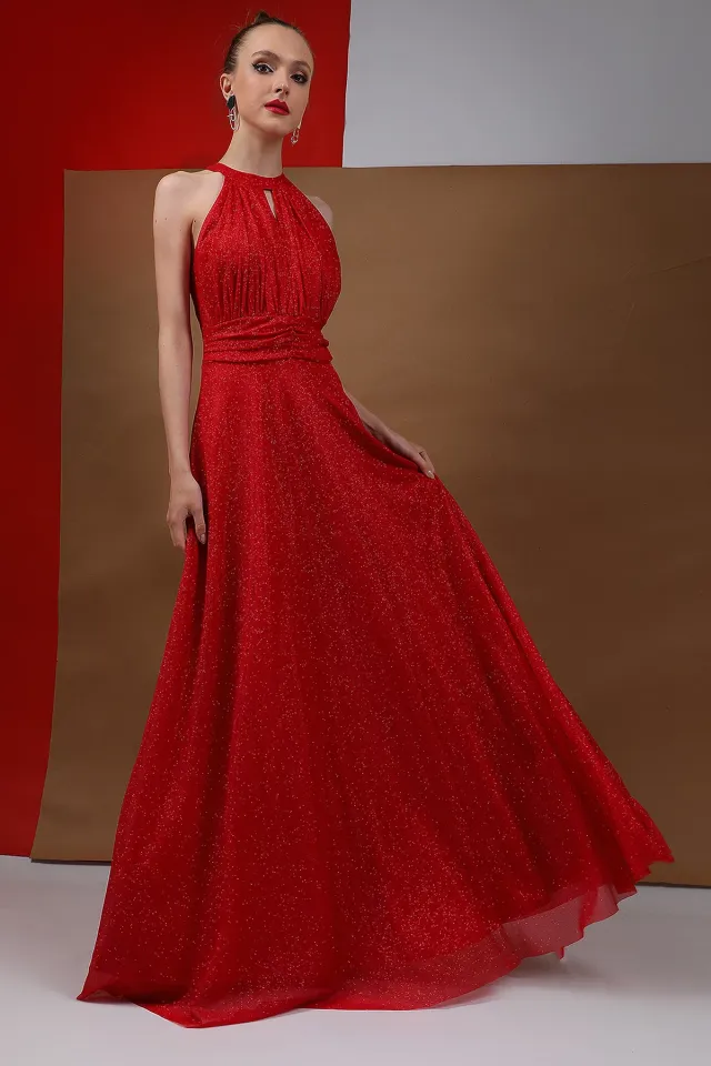 Kadın Boyun Detaylı İç Astarlı Işıltılı Uzun Tül Abiye Elbise Kırmızı