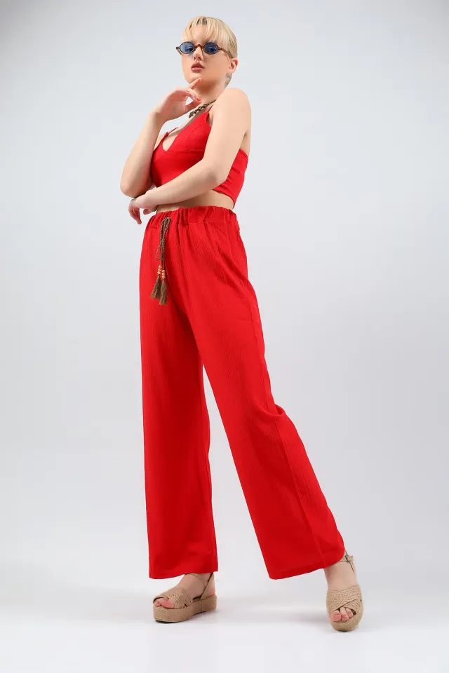 Kadın Ekstra Yüksel Bel Bol Paça Pantolon Kırmızı