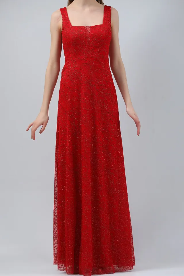 Kadın Kare Yaka Tül Dekolteli Astarlı Işıltılı Uzun Abiye Elbise Kırmızı