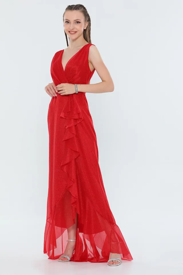 Kadın Kruvaze Yaka Astarlı Işıltılı Uzun Abiye Elbise Kırmızı